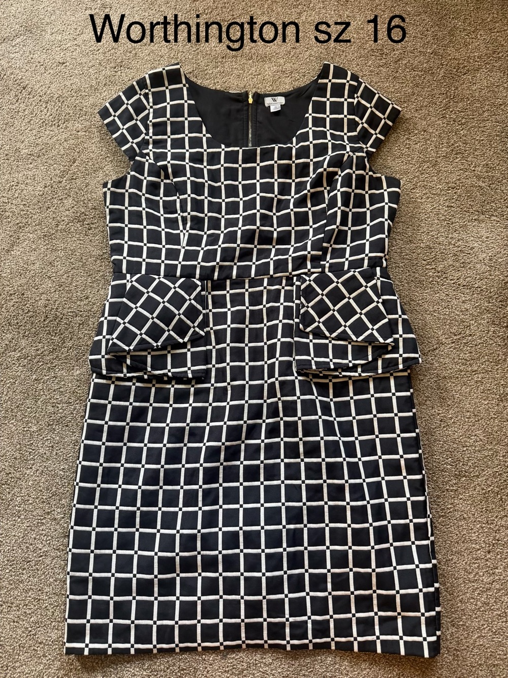 Worthington Black & White Windowpane Peplum Midi Dress sz 16